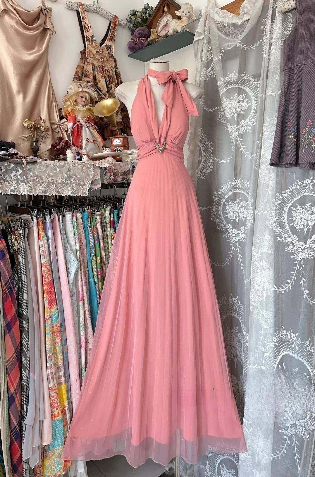 Vintage Pink V-neck Tulle Party Dresses  Backless A-Line Formal Evening Gown RF0526