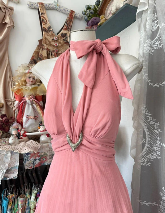 Vintage Pink V-neck Tulle Party Dresses  Backless A-Line Formal Evening Gown RF0526