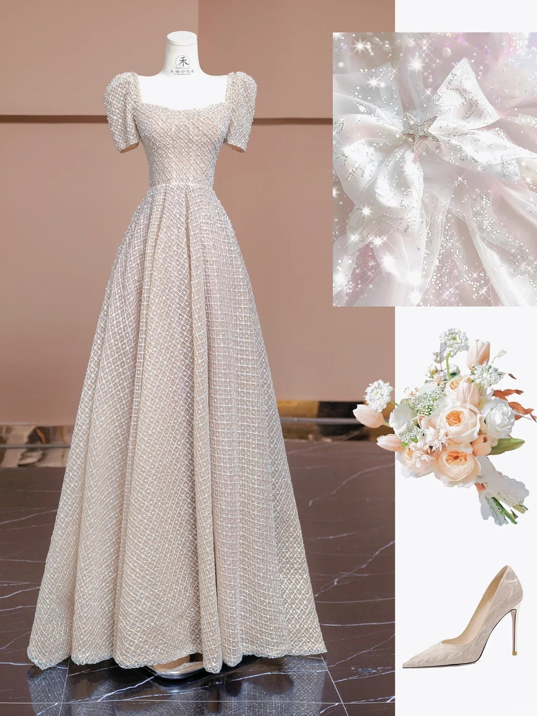 Gorgeous Champagne A-Line Square Neck Lace Beaded Wedding Dresses Formal Evening Gown RF0527