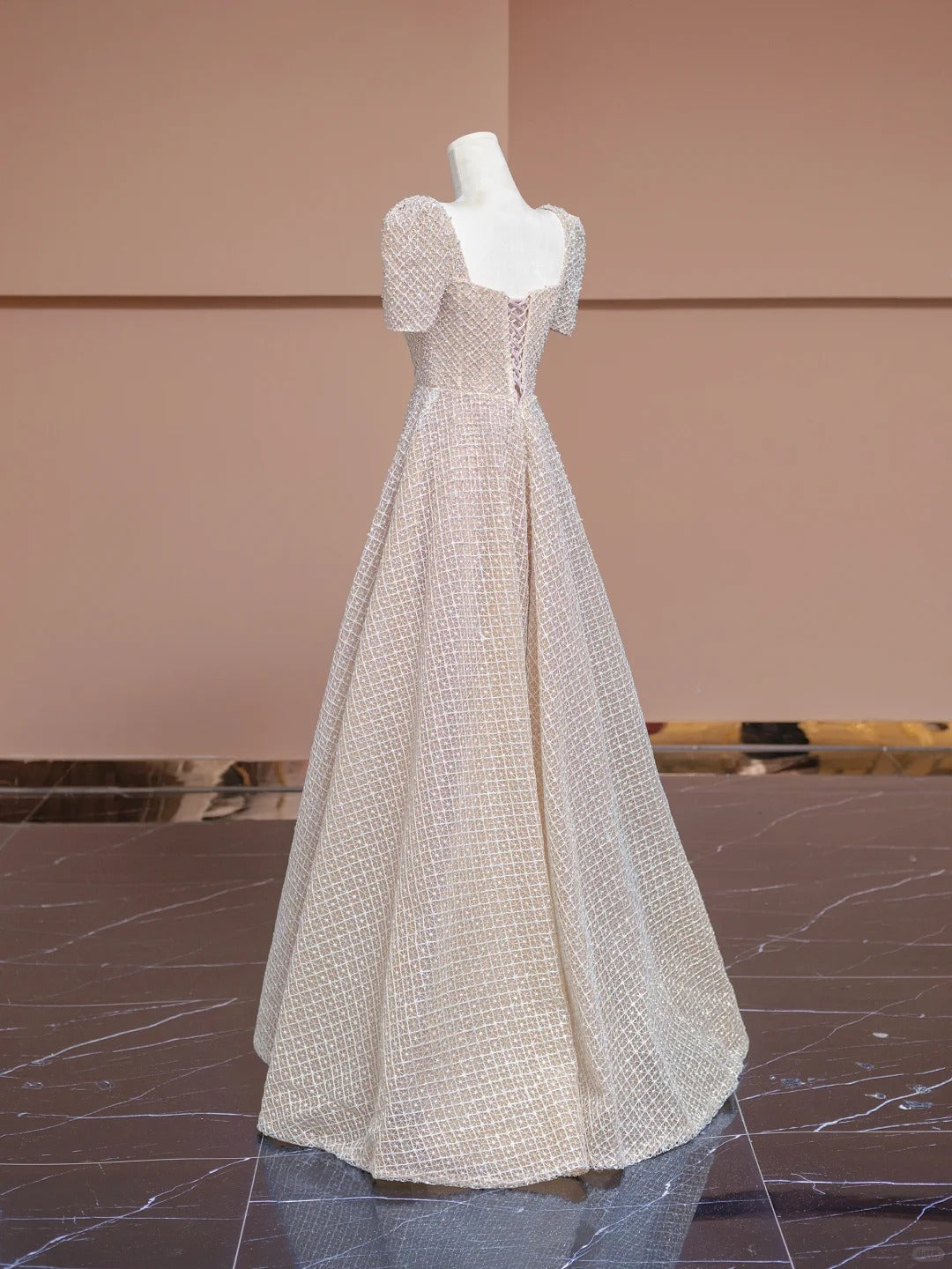 Gorgeous Champagne A-Line Square Neck Lace Beaded Wedding Dresses Formal Evening Gown RF0527