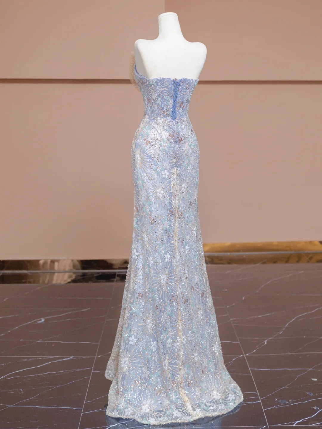 Stunning Blue Beaded Strapless Mermaid Wedding Dresses Formal Evening Gowns RF0528