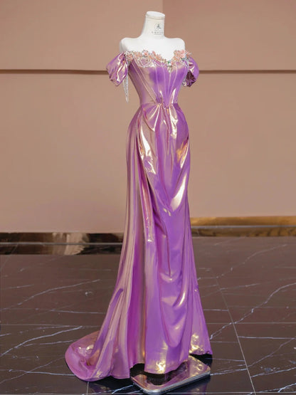 Gorgeous Purple Off Shoulder Satin Beaded A-line Long Prom Dresses Stylish Formal Evening Gowns RF0530