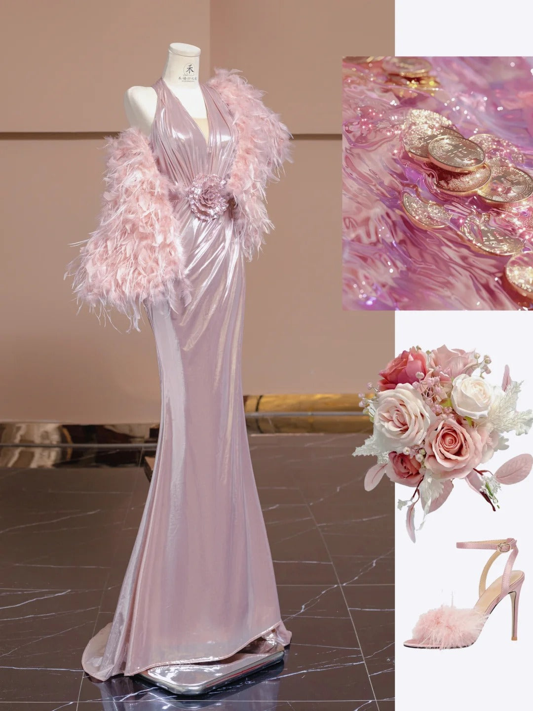Elegant Pink V-neck Mermaid Satin Long Formal Evening Gowns RF0531
