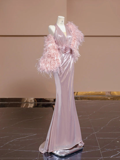Elegant Pink V-neck Mermaid Satin Long Formal Evening Gowns RF0531