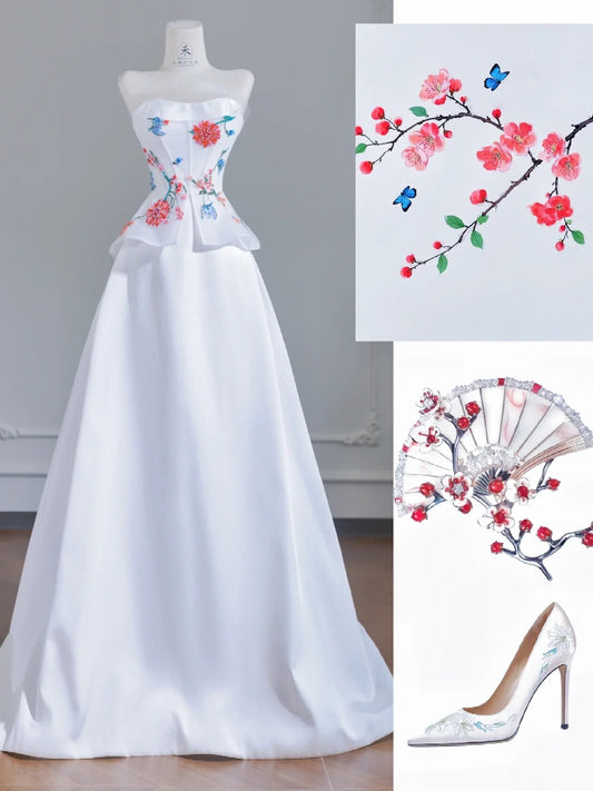 Simple White Strapless Satin Beaded A-line Wedding Dresses  RF0532
