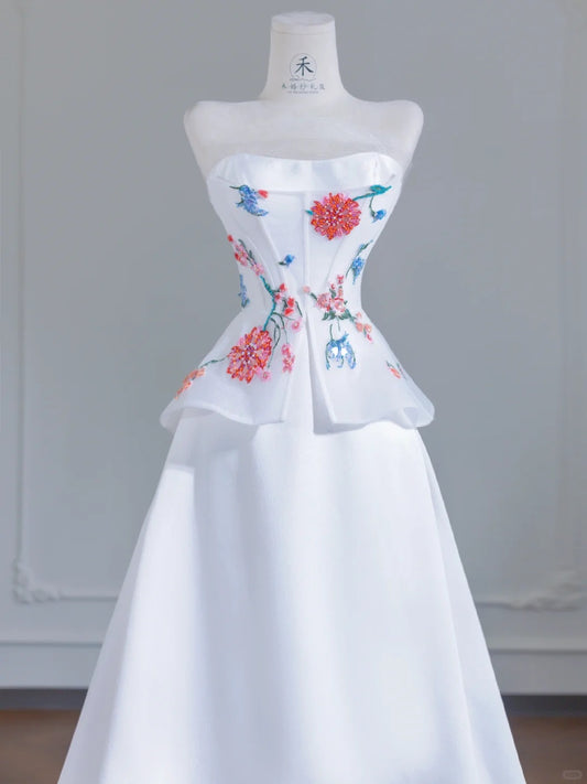 Simple White Strapless Satin Beaded A-line Wedding Dresses  RF0532