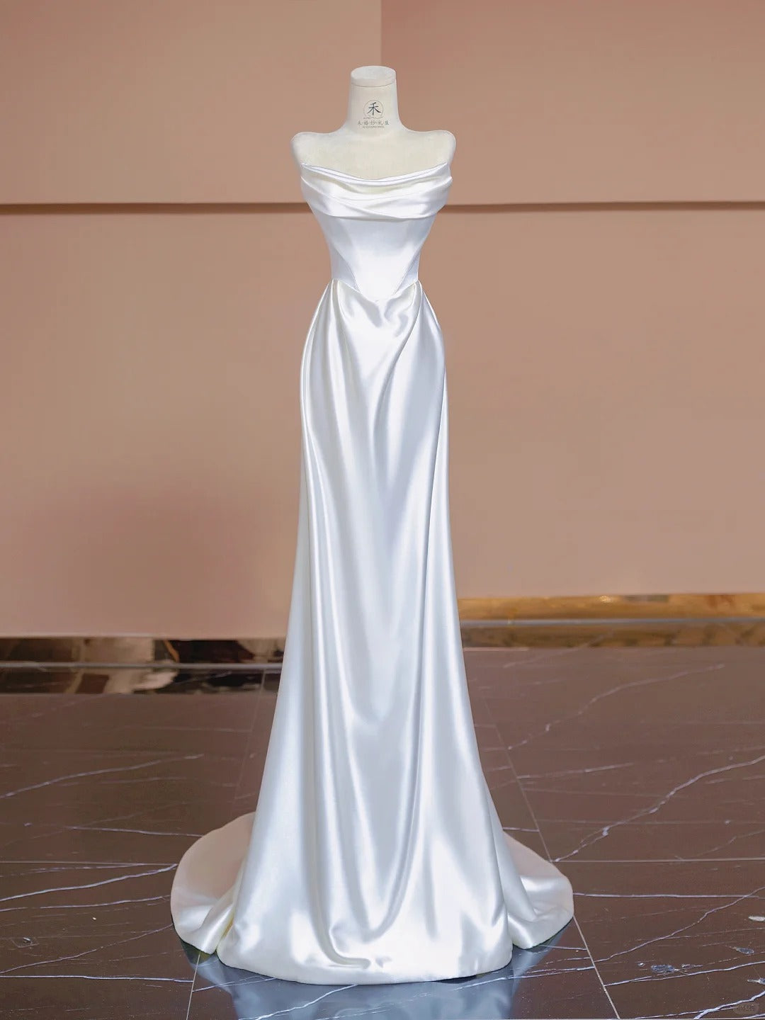 Glam White Strapless Mermaid Satin Open Back Wedding Dress  RF0533