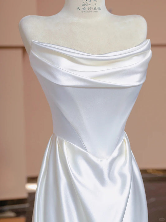 Glam White Strapless Mermaid Satin Open Back Wedding Dress  RF0533