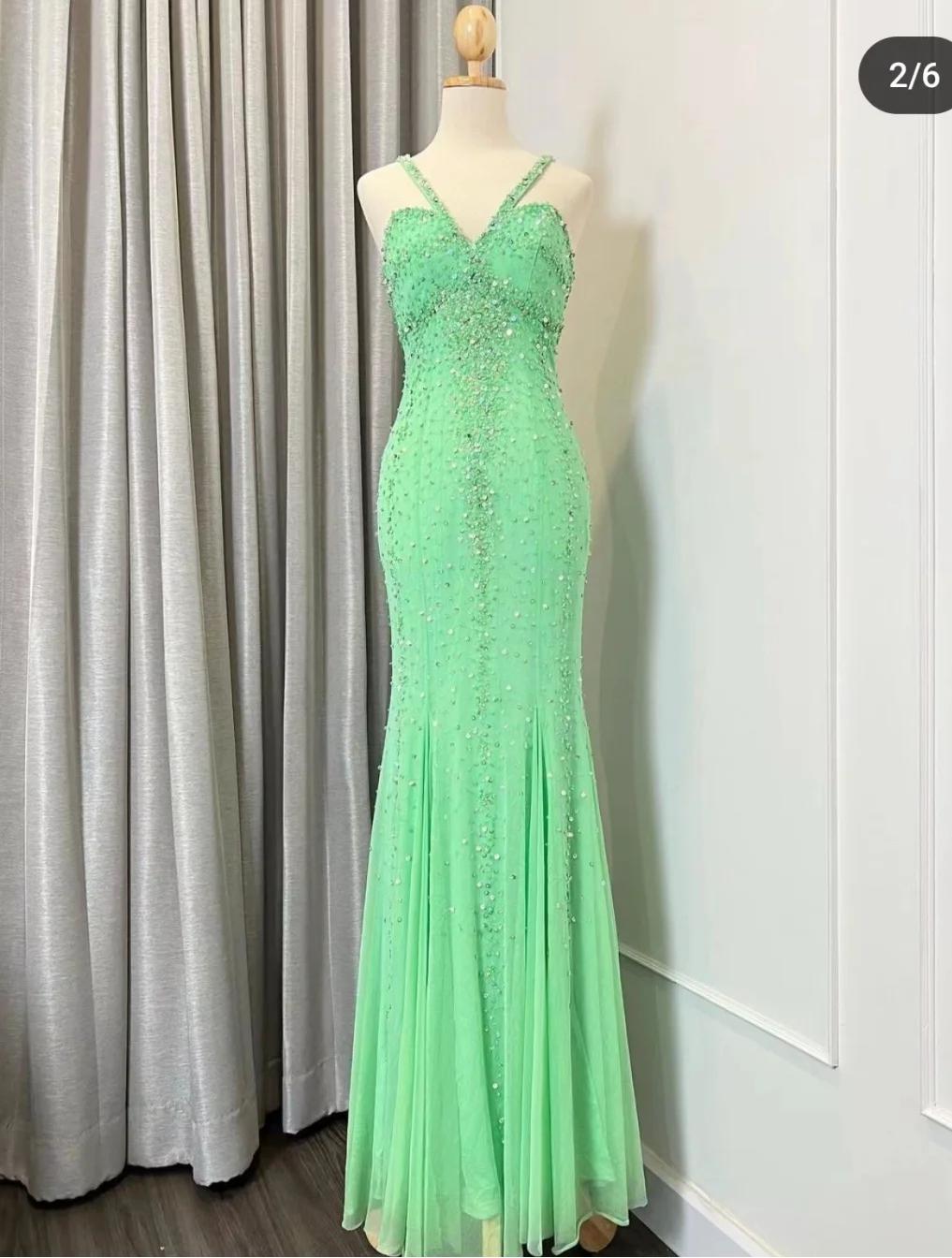 Vintage Green Halter Neck Beaded Chiffon Mermaid Long Prom Dresses Formal Evening Gowns  RF0534
