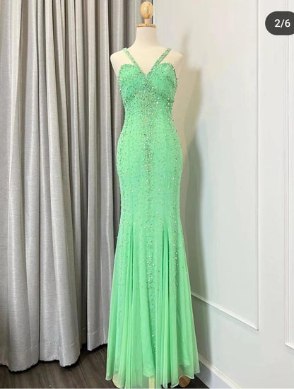Vintage Green Halter Neck Beaded Chiffon Mermaid Long Prom Dresses Formal Evening Gowns  RF0534