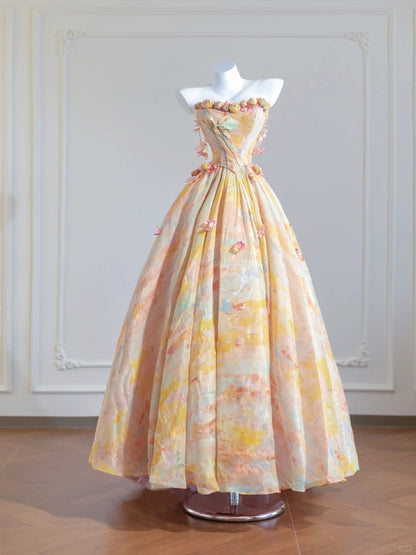 Gorgeous Butter Yellow Strapless Satin A-Line Long Prom Dresses Unique Wedding Dresses  RF0535