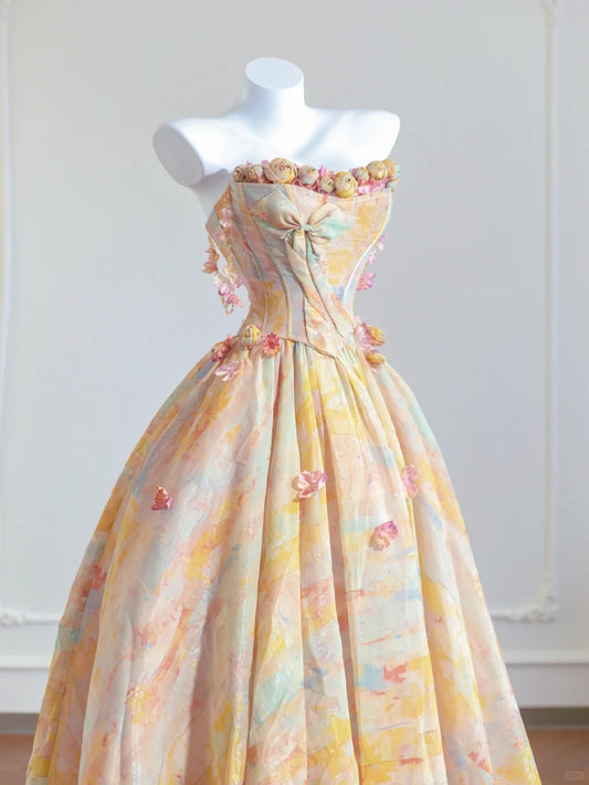 Gorgeous Butter Yellow Strapless Satin A-Line Long Prom Dresses Unique Wedding Dresses  RF0535