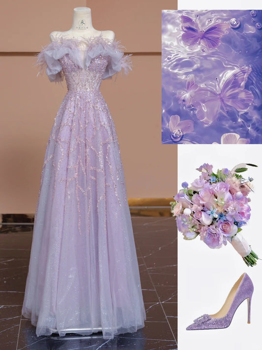 Gorgeous Purple Off-the-shoulder Tulle Sequin Beading A-Line Wedding Dress RF0536