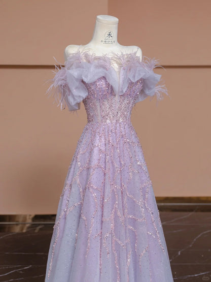 Gorgeous Purple Off-the-shoulder Tulle Sequin Beading A-Line Wedding Dress RF0536
