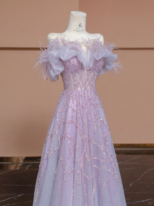 Gorgeous Purple Off-the-shoulder Tulle Sequin Beading A-Line Wedding Dress RF0536