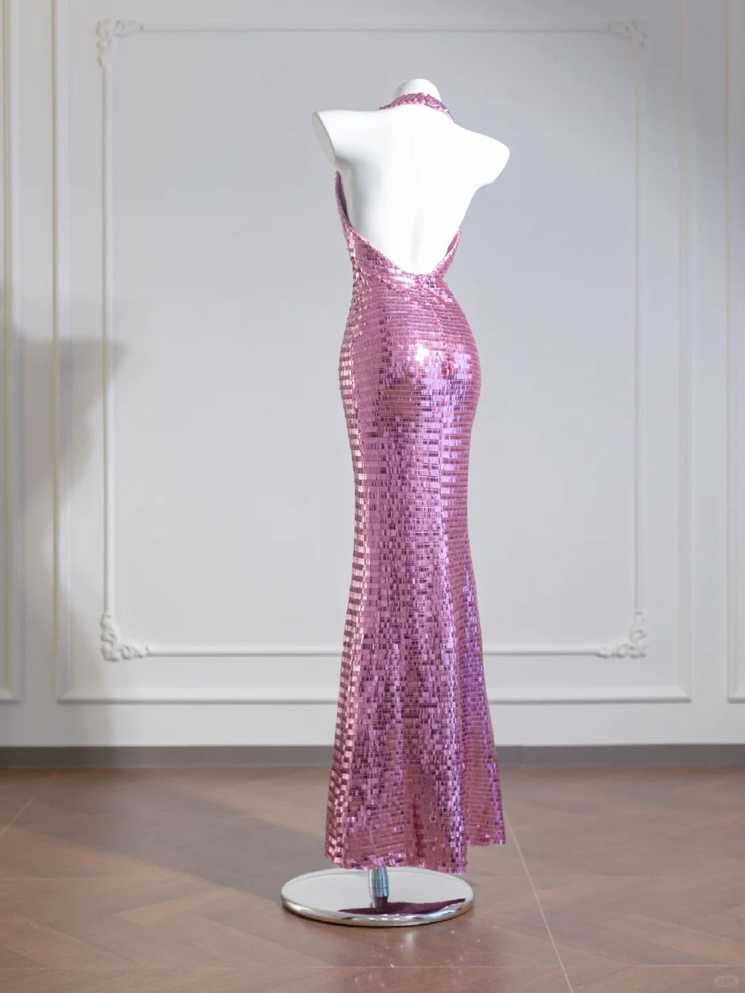 Gorgeous Pink V-neck Mermaid Sequined Backless Formal Evening Gowns RF0540