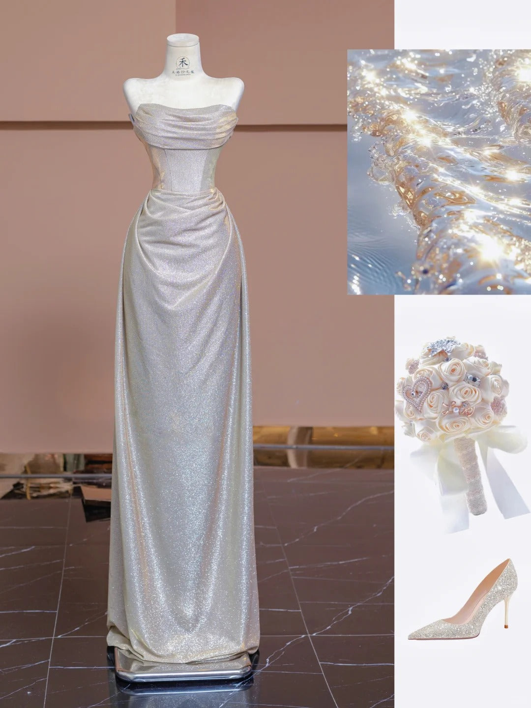 Elegant Silver Glitter Satin Strapless Sheath Wedding Dress RF0541
