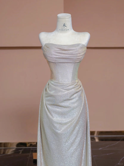 Elegant Silver Glitter Satin Strapless Sheath Wedding Dress RF0541
