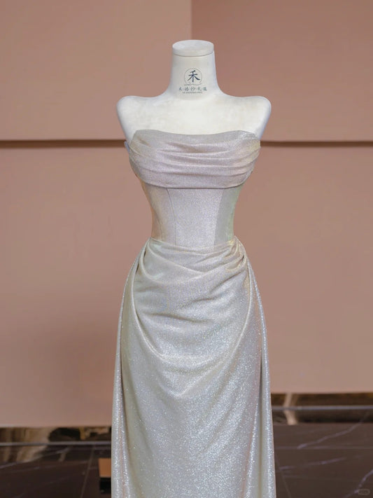 Elegant Silver Glitter Satin Strapless Sheath Wedding Dress RF0541