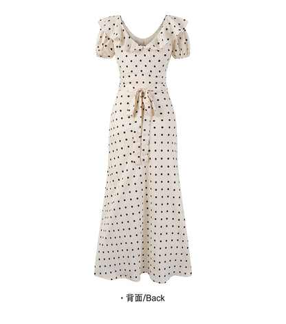French Temperament Off-white Polka Dot V-neck Dress RF0544