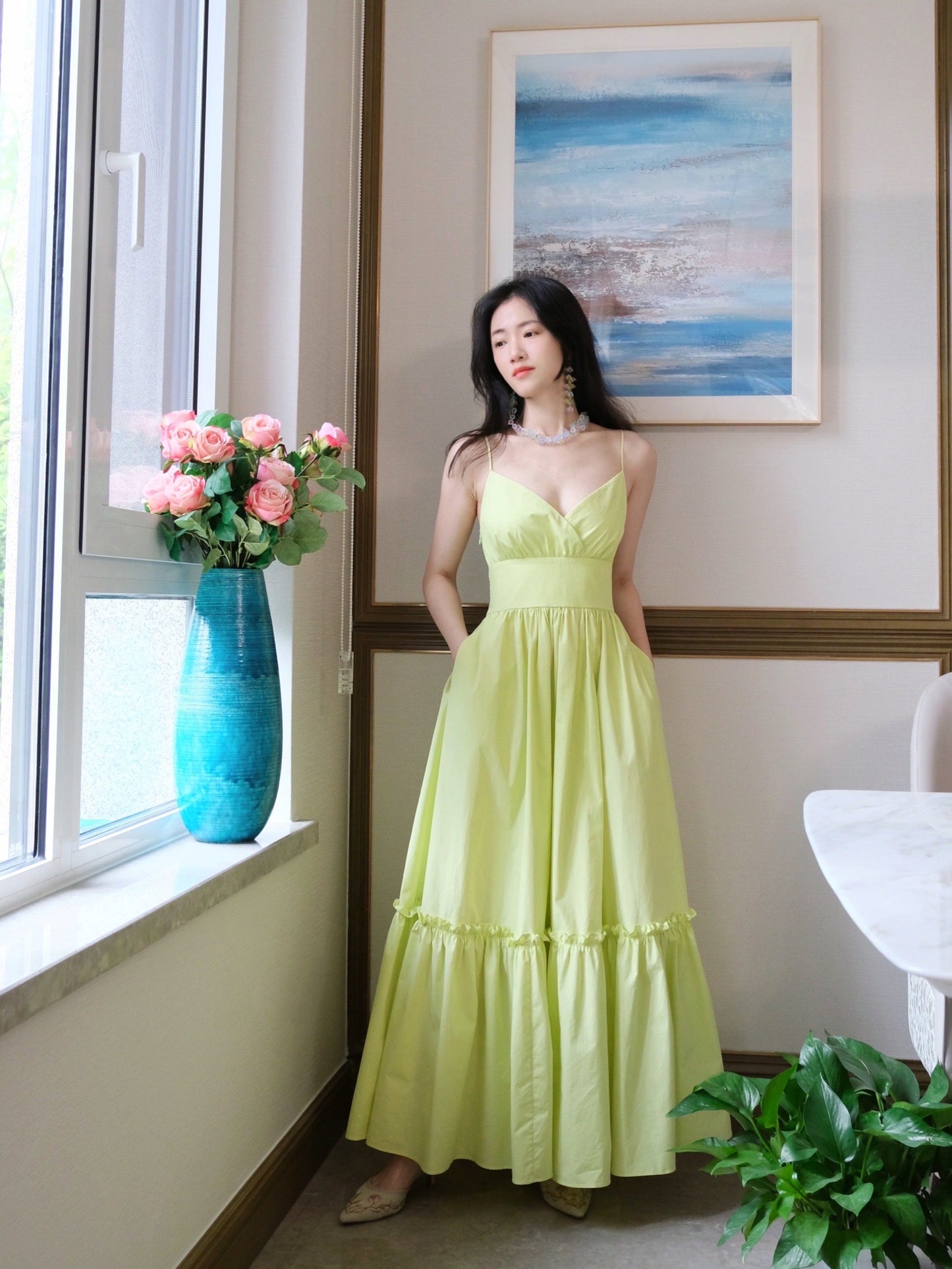 Yellow Spaghetti Strap A-Line Fashion Dress  RF0550