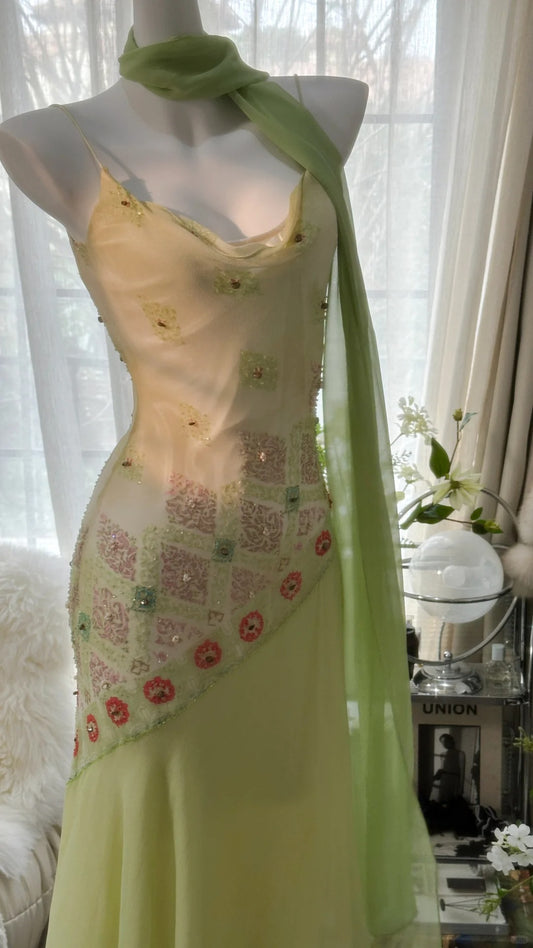 Fairytale Green Spaghetti Straps Vintage Party Dress Sheath Chiffon Beaded Short Prom Dresses RF0551
