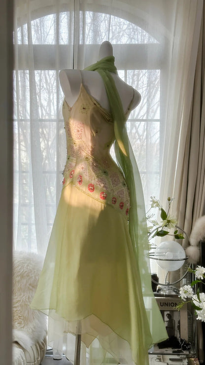 Fairytale Green Spaghetti Straps Vintage Party Dress Sheath Chiffon Beaded Short Prom Dresses  RF0551
