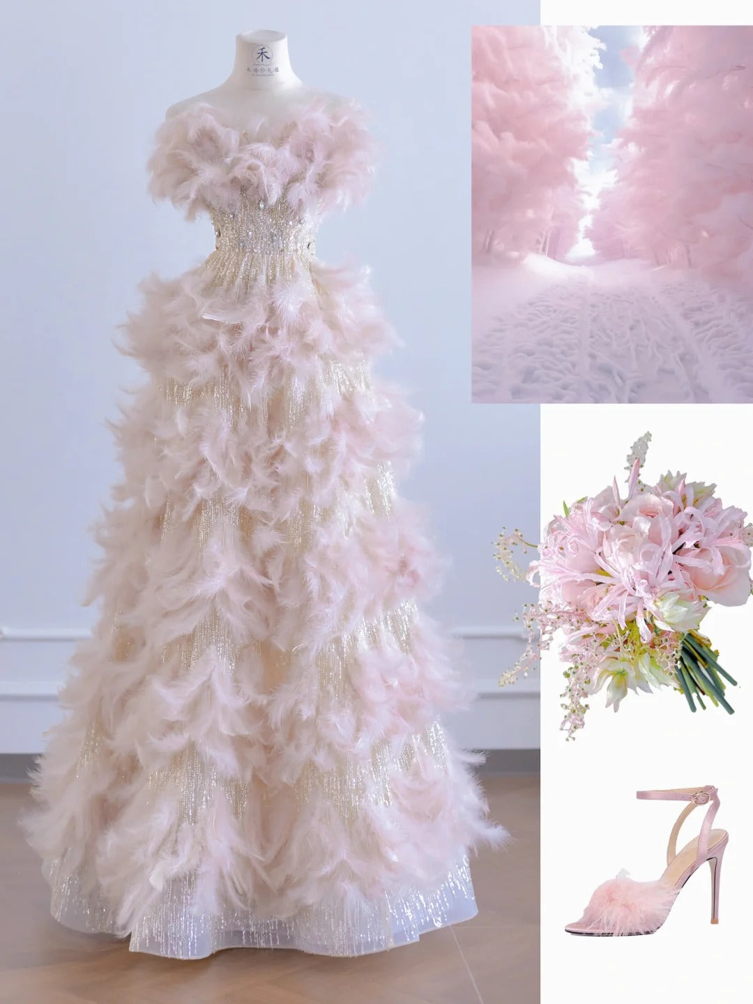 Fairytale Pink Feather A-Line Beaded Wedding Dress Strapless Long Prom Dresses  RF0552