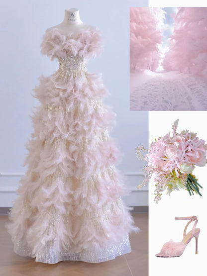 Fairytale Pink Feather A-Line Beaded Wedding Dress Strapless Long Prom Dresses  RF0552