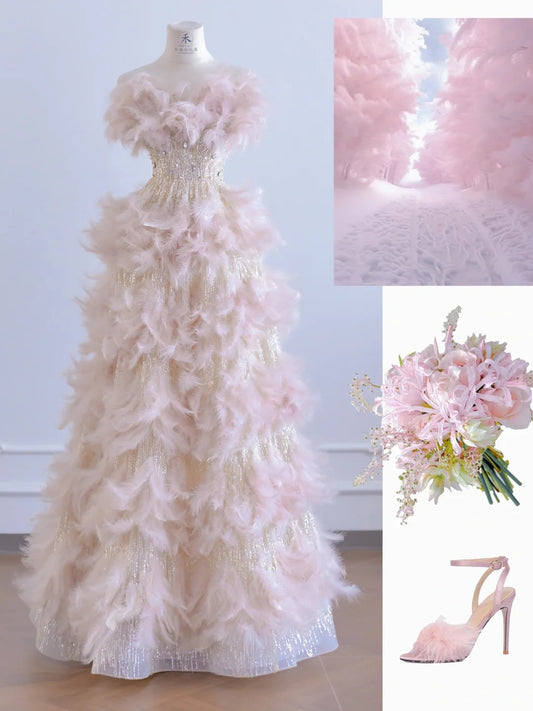 Fairytale Pink Feather A-Line Beaded Wedding Dress Strapless Long Prom Dresses  RF0552