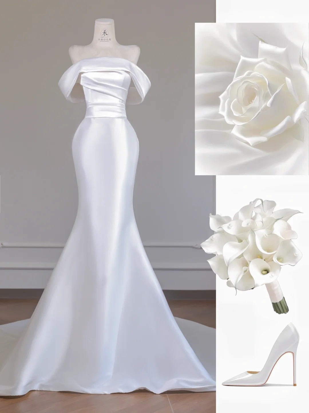 Simple White Off Shoulder Satin Mermaid Train Wedding Dress RF0553