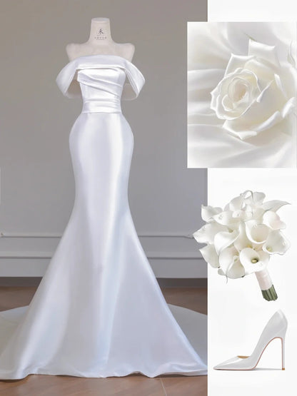 Simple White Off Shoulder Satin Mermaid Train Wedding Dress RF0553
