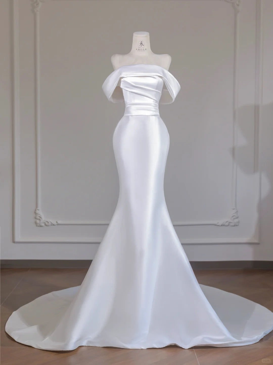 Simple White Off Shoulder Satin Mermaid Train Wedding Dress RF0553