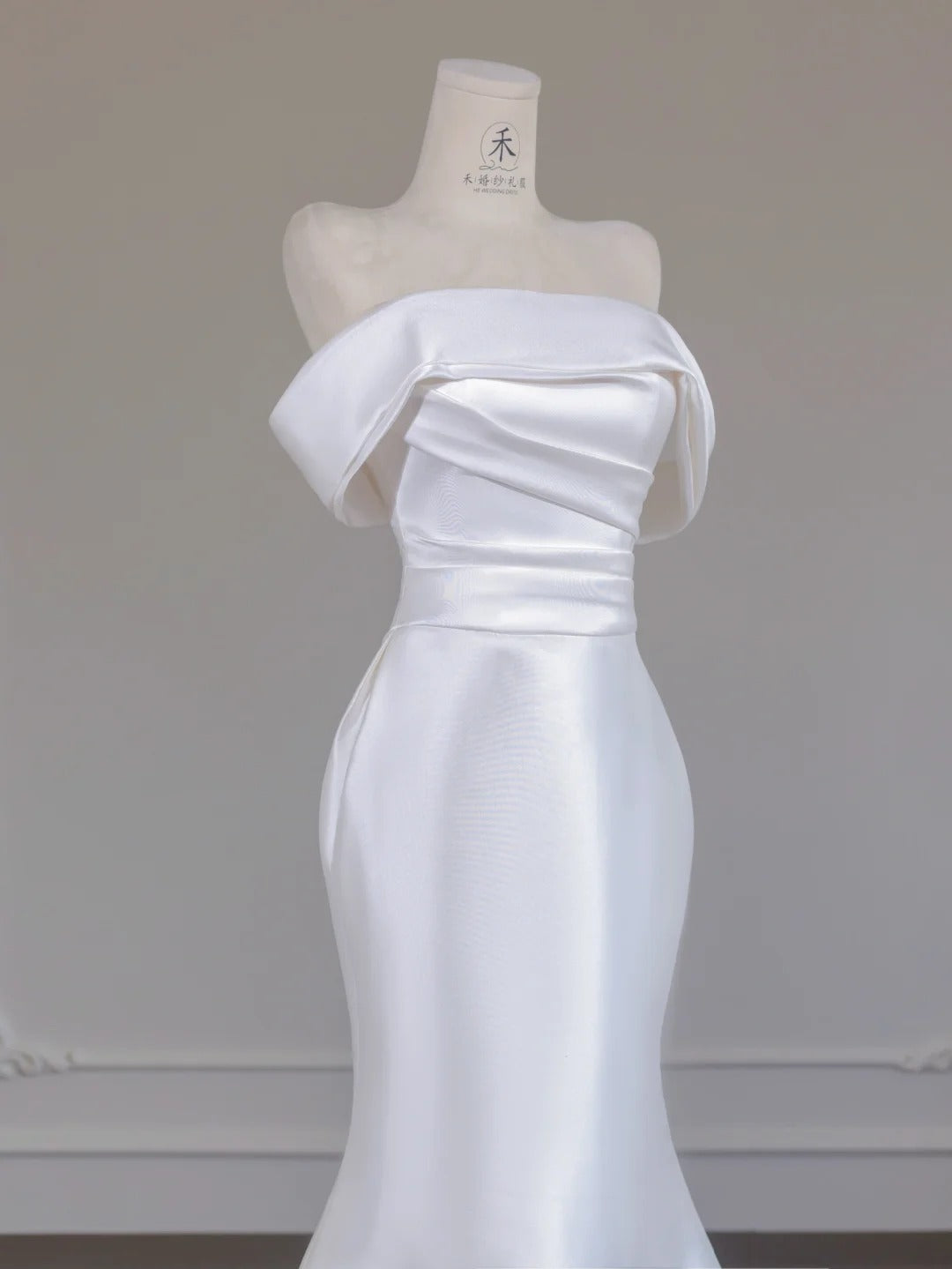 Simple White Off Shoulder Satin Mermaid Train Wedding Dress RF0553