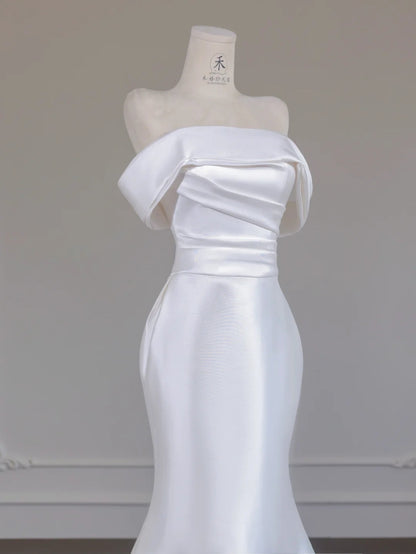 Simple White Off Shoulder Satin Mermaid Train Wedding Dress RF0553