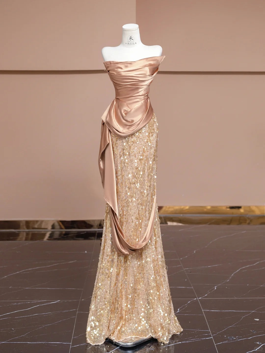 Gorgeous Pastel Orange Strapless Mermaid Satin Sequin Prom Dresses Formal Evening Dress RF0554