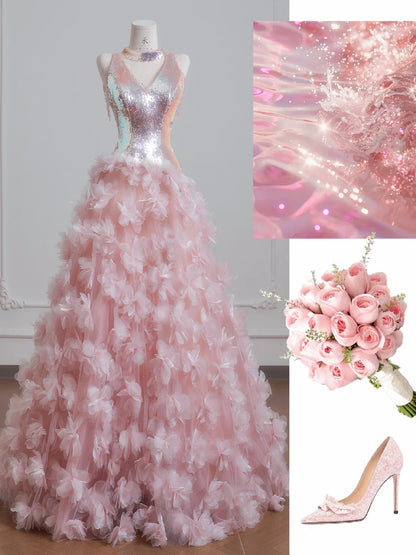Stunning Pink V Neck A-Line Tulle Appliques Prom Dresses Formal Evening Dress with Sequins RF0555