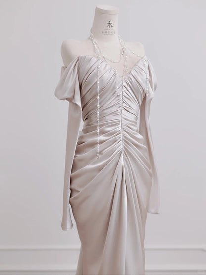 Elegant Long Sleeve Off Shoulder Pleated Satin Mermaid Long Prom Dresses Formal Evening Gowns RF0557