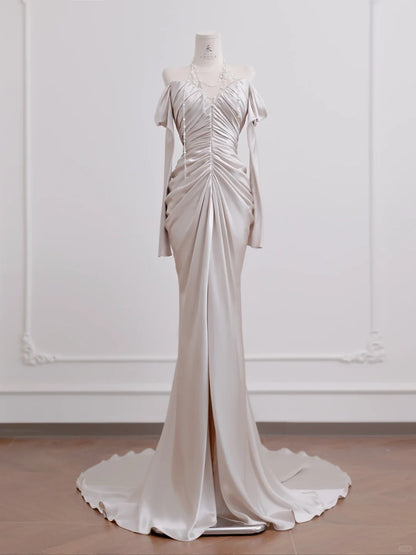 Elegant Long Sleeve Off Shoulder Pleated Satin Mermaid Long Prom Dresses Formal Evening Gowns RF0557