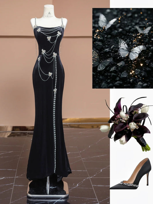 Stunning Black Velvet Spaghetti Straps Mermaid Prom Dresses Beaded Formal Evening Gowns RF0559