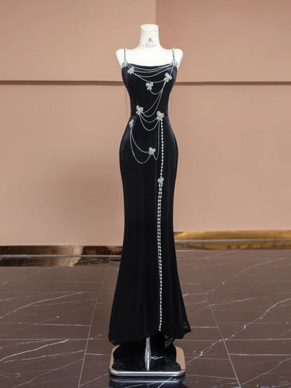 Stunning Black Velvet Spaghetti Straps Mermaid Prom Dresses Beaded Formal Evening Gowns RF0559