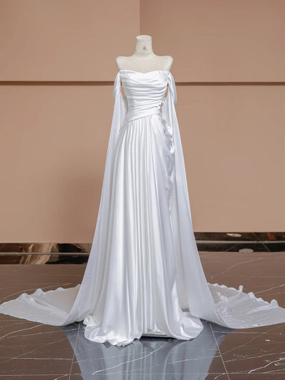 Fairy White A-Line Satin Off-Shoulder Train Wedding Dress Formal Evening Gowns RF0560