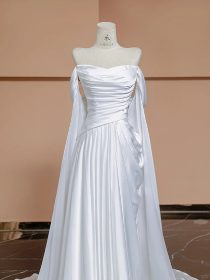 Fairy White A-Line Satin Off-Shoulder Train Wedding Dress Formal Evening Gowns RF0560