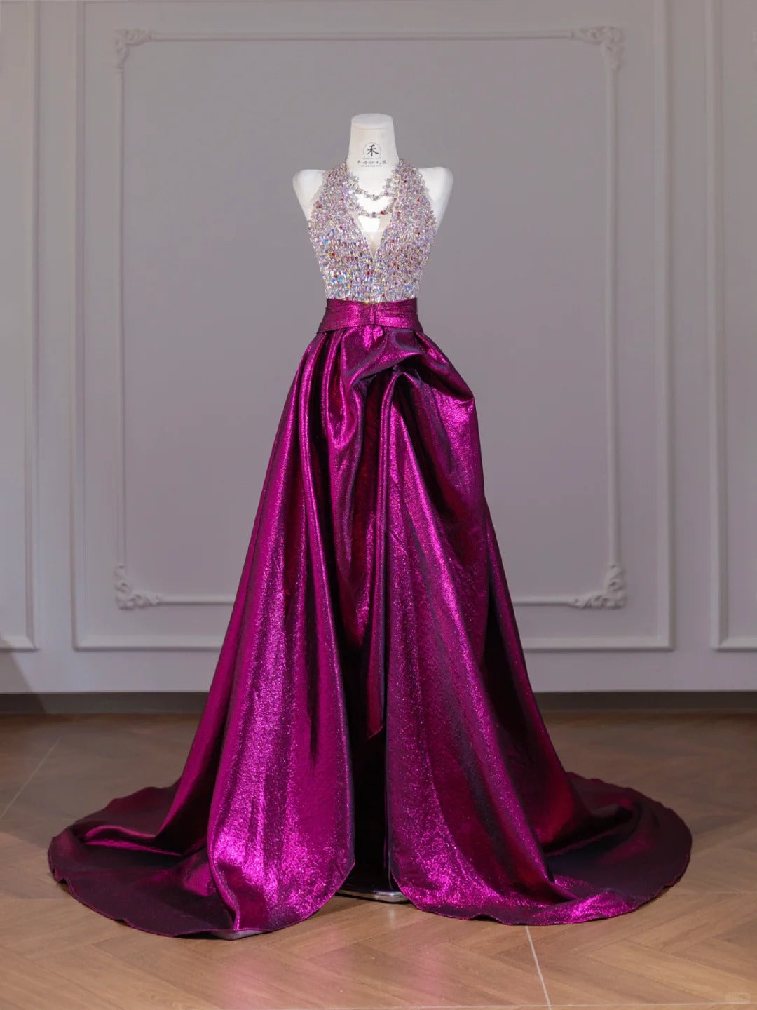 Gorgeous Fuchsia V-Neck A-Line Satin with Rhinestone Long Prom Dresses Formal Evening Gowns RF0561