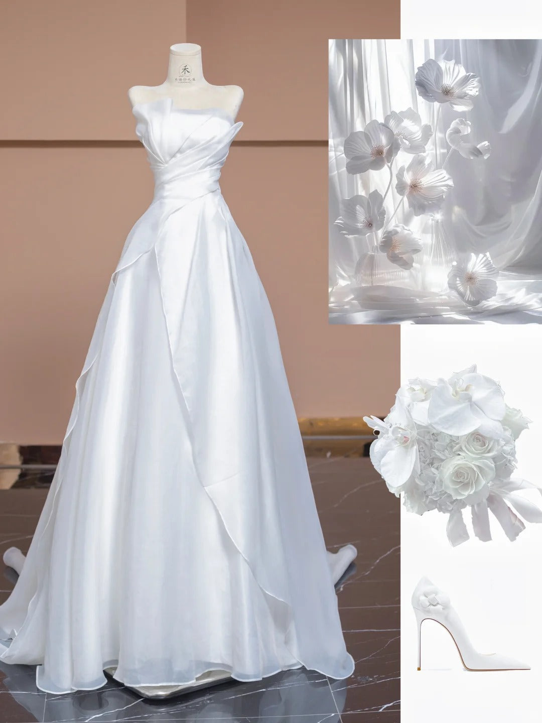 Elegant White Tulle A-Line Strapless Train Wedding Dress RF0562