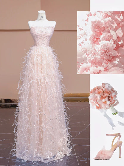 Sweet Blush Pink Tulle  Sequined A-Line Strapless Train Wedding Dress Formal Evening Gowns RF0563