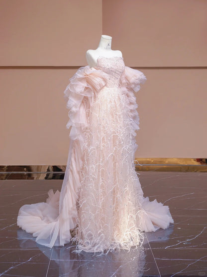 Sweet Blush Pink Tulle  Sequined A-Line Strapless Train Wedding Dress Formal Evening Gowns RF0563