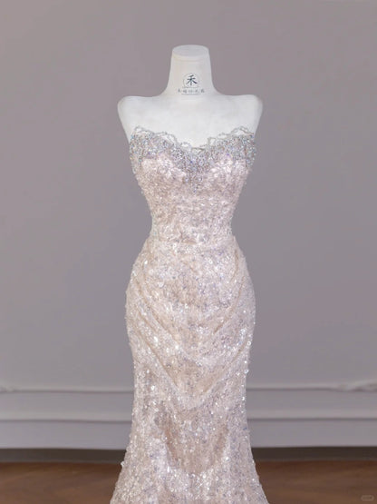 Gorgeous Light Pink Tulle Sequin Mermaid Strapless Wedding Dress Sweet 16 Evening Gowns RF0564