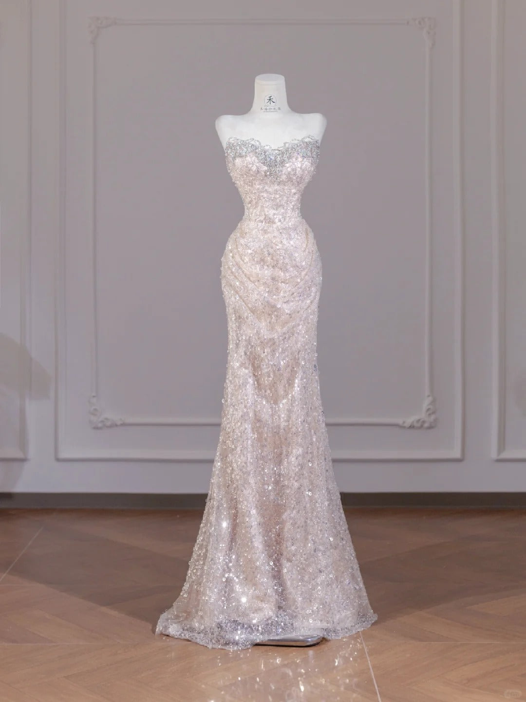 Gorgeous Light Pink Tulle Sequin Mermaid Strapless Wedding Dress Sweet 16 Evening Gowns RF0564