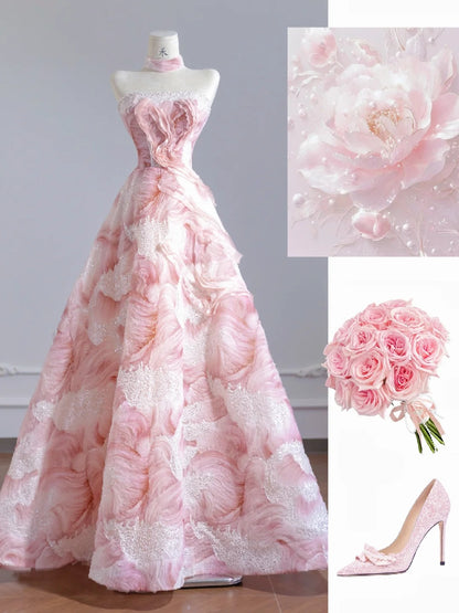 Princess Pink Strapless A-Line Tulle Applique Prom Dresses Beaded Evening Gowns RF0566